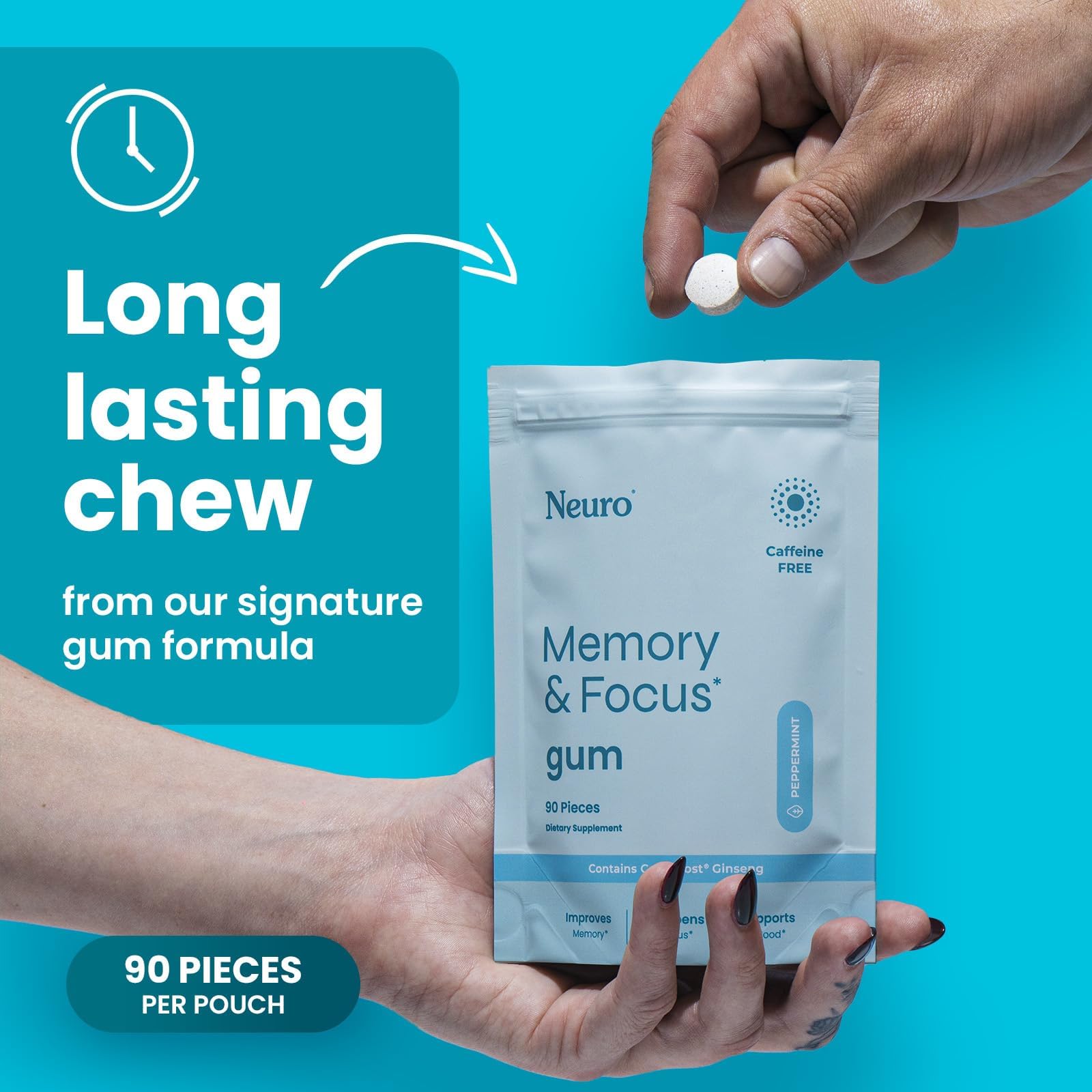 Neuro Memory & Focus Gum - Nootropic Gum with Vitamin B12, Vitamin B6, L-Theanine & Ginseng Extract - Natural Brain Support Supplement - Vegan, Caffeine & Sugar Free Chews - Peppermint, 90 ct NeuroBuy Supplements Australia