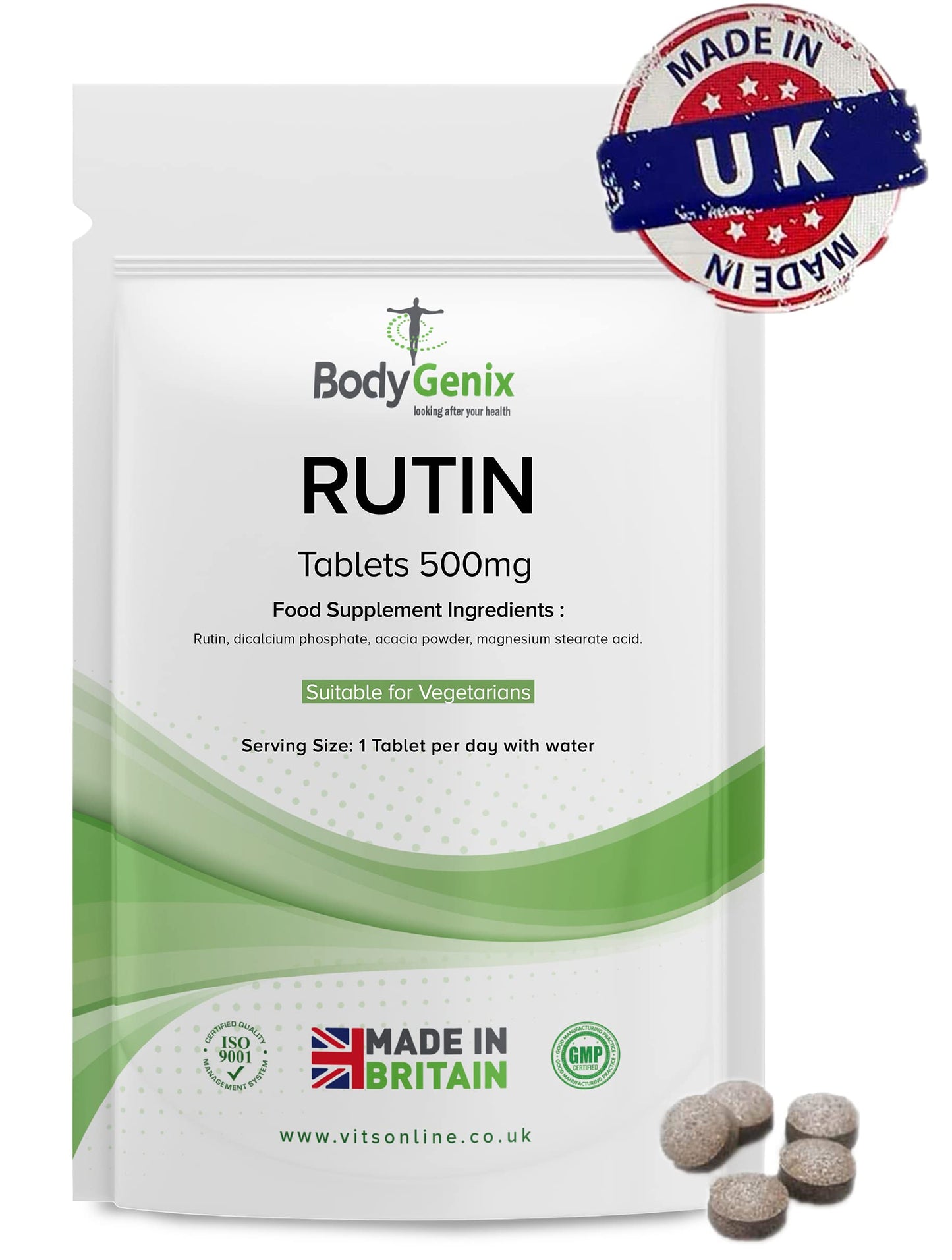 Bodygenix Rutin 500mg Tablets CAPILLARIES, VARICOSE Veins, Hemorrhoids Veg Friendly - UK Made (120) 4 Month Supply BodygenixBuy Supplements Australia