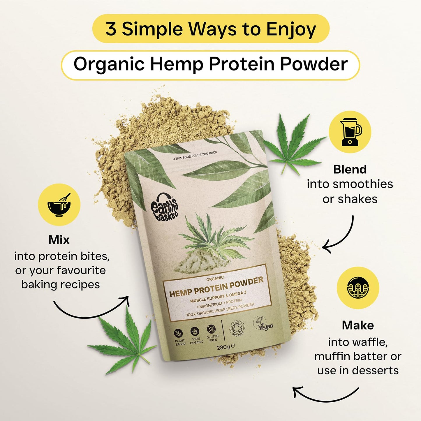 Earths Basket Organic Hemp Protein Powder,280g Natural, Unflavoured, Vegan, Gluten Free EARTHS BASKET