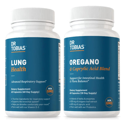 Two bottles of Dr Tobias supplements on a white background