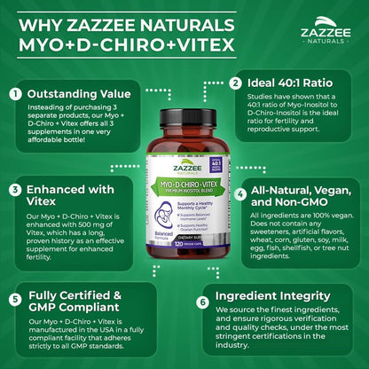 Zazzee Myo-Inositol + D-Chiro + Vitex, 120 Vegan Capsules, Optimal 40:1 Inositol Ratio, with 500 mg Vitex Zazzee