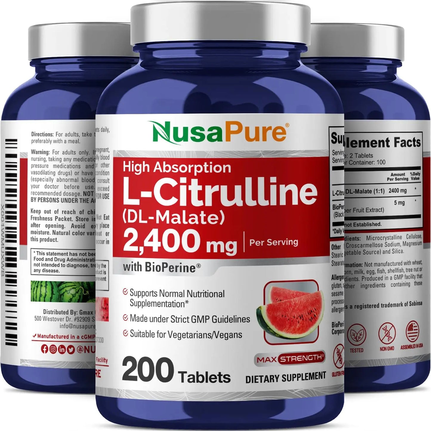 NusaPure L-Citrulline 2,400mg 200 Vegetarian Tablets (Non-GMO, Gluten Free) NusaPure