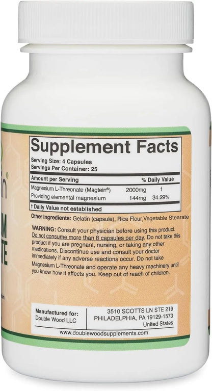 Magnesium L Threonate, Magtein - NSF Certified - Sleep and Cognitive Support – High Absorption Double Wood Supplements