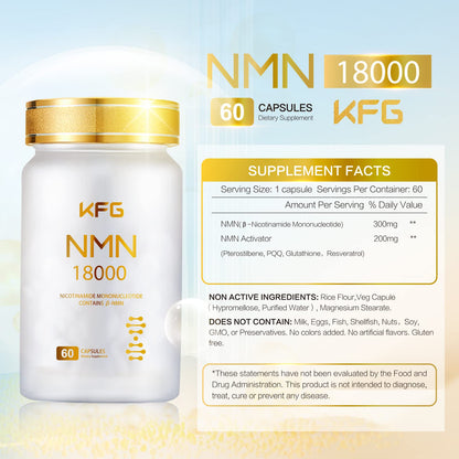 KFG NMN 18000 - NMN Nicotinamide Mononucleotide Supplement with Resveratrol, Stabilized Form & 99% High Purity to Boost NAD+ Levels for DNA Repair Supplement,for Healthy Aging,60 Capsules KFGBuy Supplements Australia