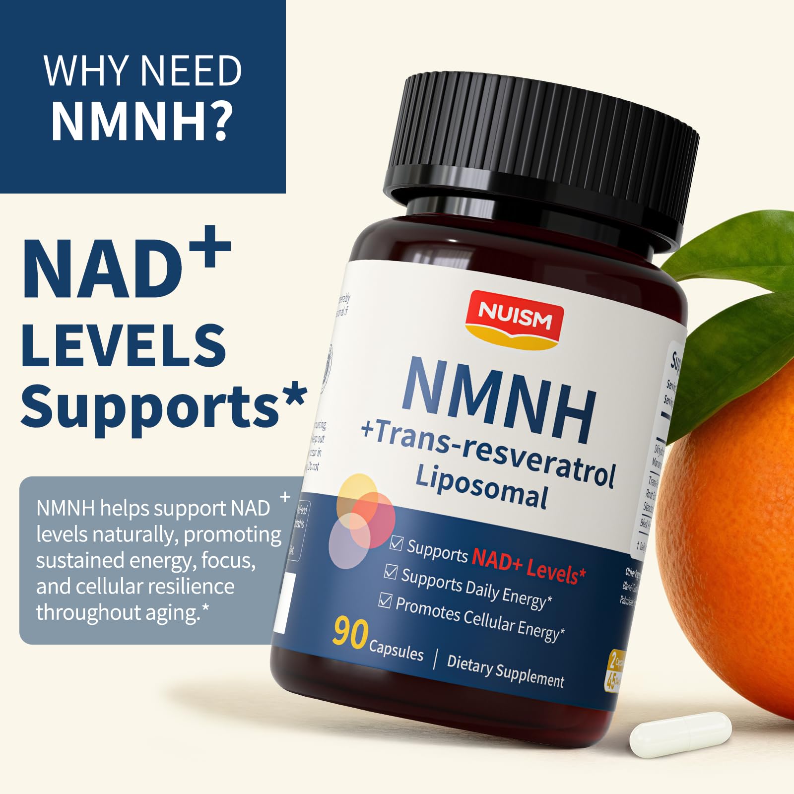 NUISM NMNH NAD+ Supplement, Liposomal 600mg NMN NAD+ and Resveratrol Complex for Cellular Energy, Healthy Aging & Metabolic Support, 90 Capsules NUISMBuy Supplements Australia