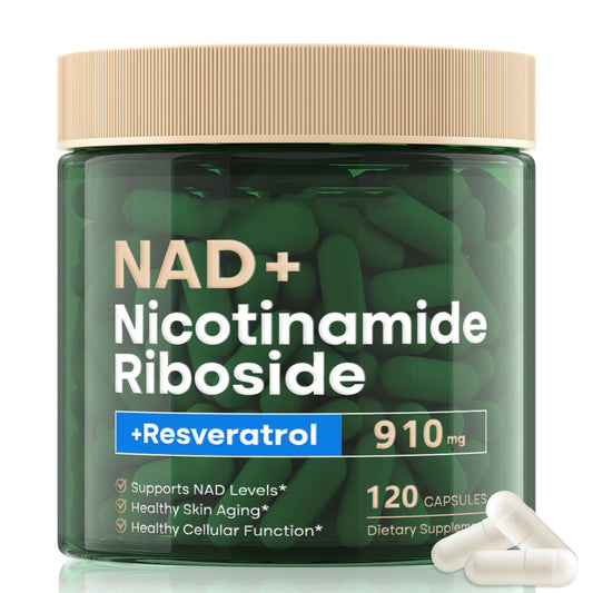 Supplement jar labeled 'NAD+ Nicotinamide Riboside + Resveratrol' with capsules on a white background
