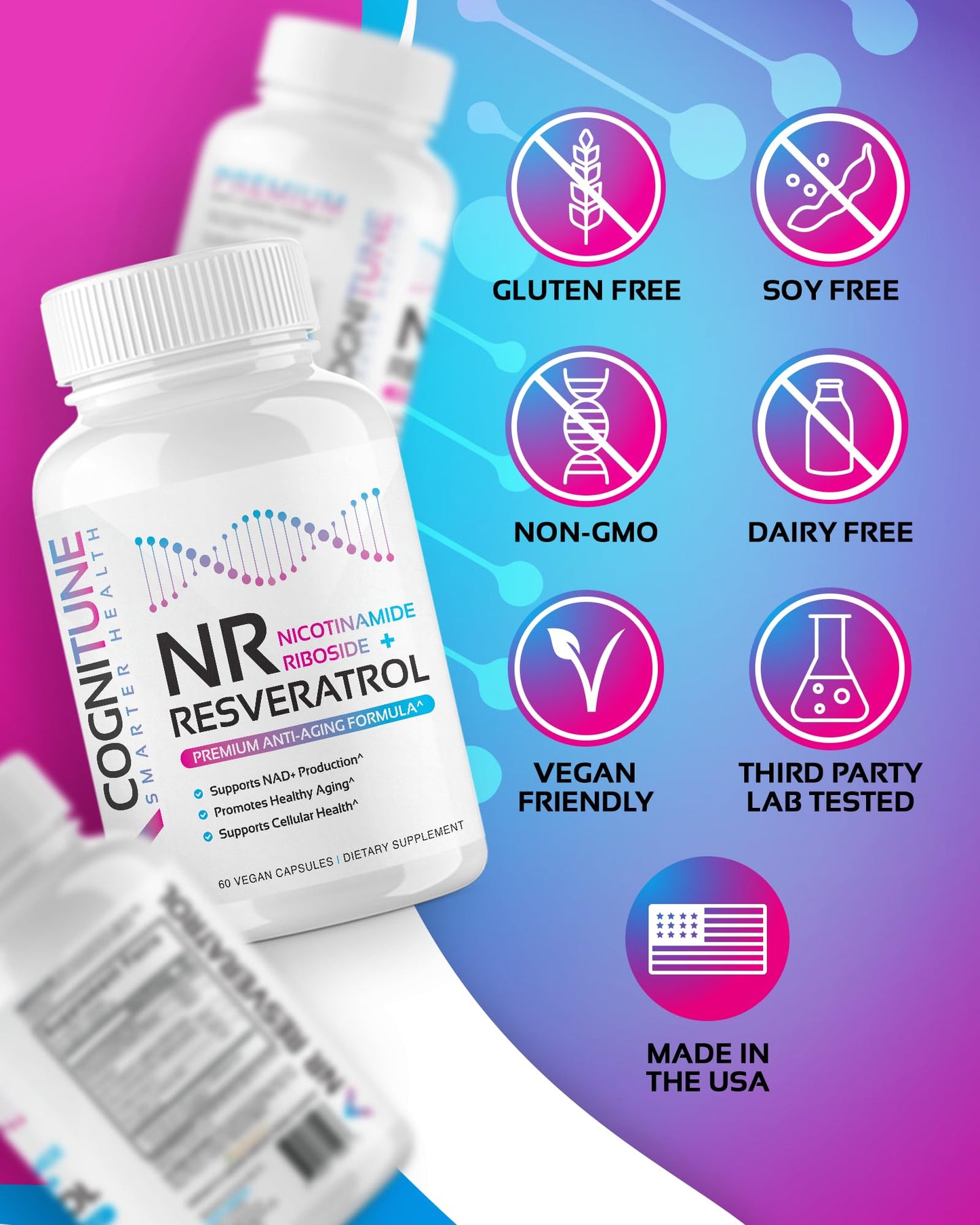 NR + Resveratrol Supplement - Increase NAD, DNA & Cellular Health, Longevity, Vitality. 5-in-1 Anti Aging Formula w/ Nicotinamide Riboside, Trans Resveratrol, Vitamin C, Grape Seed, Pine Bark CogniTuneBuy Supplements Australia