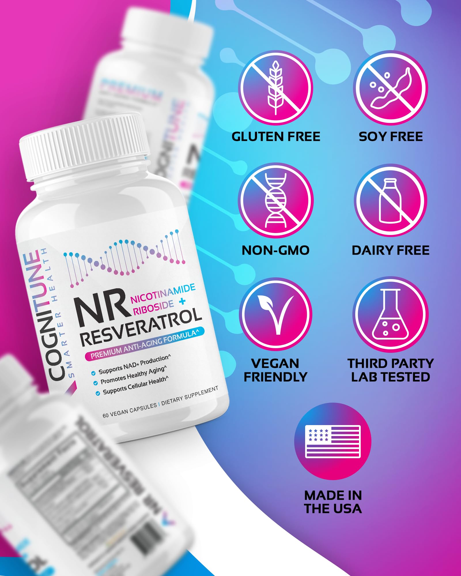 NR + Resveratrol Supplement - Increase NAD, DNA & Cellular Health, Longevity, Vitality. 5-in-1 Anti Aging Formula w/ Nicotinamide Riboside, Trans Resveratrol, Vitamin C, Grape Seed, Pine Bark CogniTuneBuy Supplements Australia