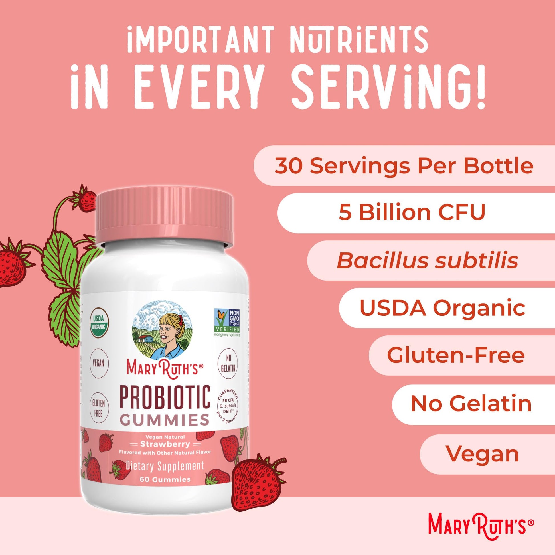 MaryRuth Organics USDA Organic Probiotic Gummies |Probiotics forWomen & Men Digestive Health & Gut Comfort Supplement 5 Billion CFU | Immune & Digestive Support | Vegan | Non-GMO | 60 Count MARYRUTH'SBuy Supplements Australia