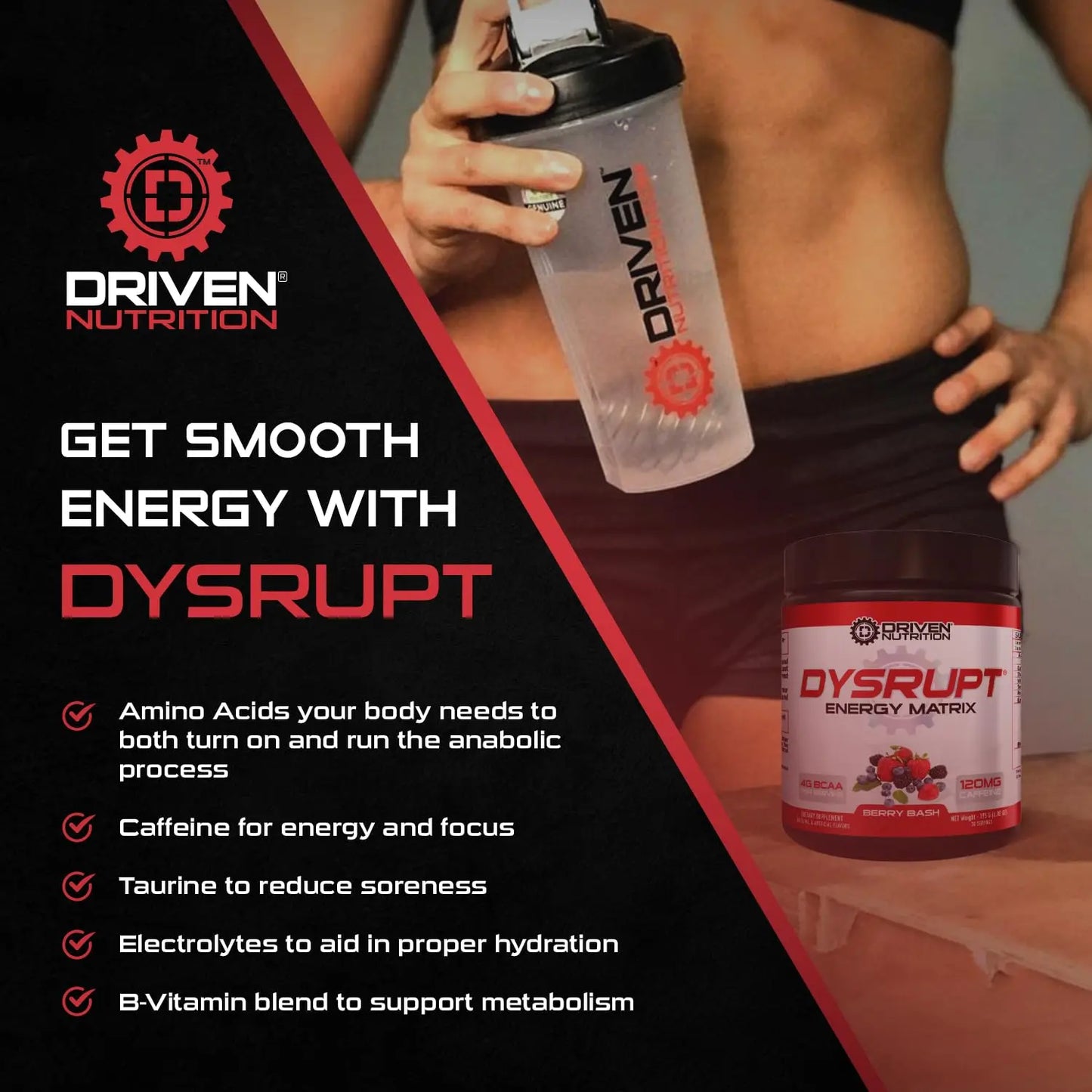 Driven Nutrition DYSRUPT: BCAA + Caffeine with Electrolytes: Sugar & Gluten Free Supplement Driven Nutrition