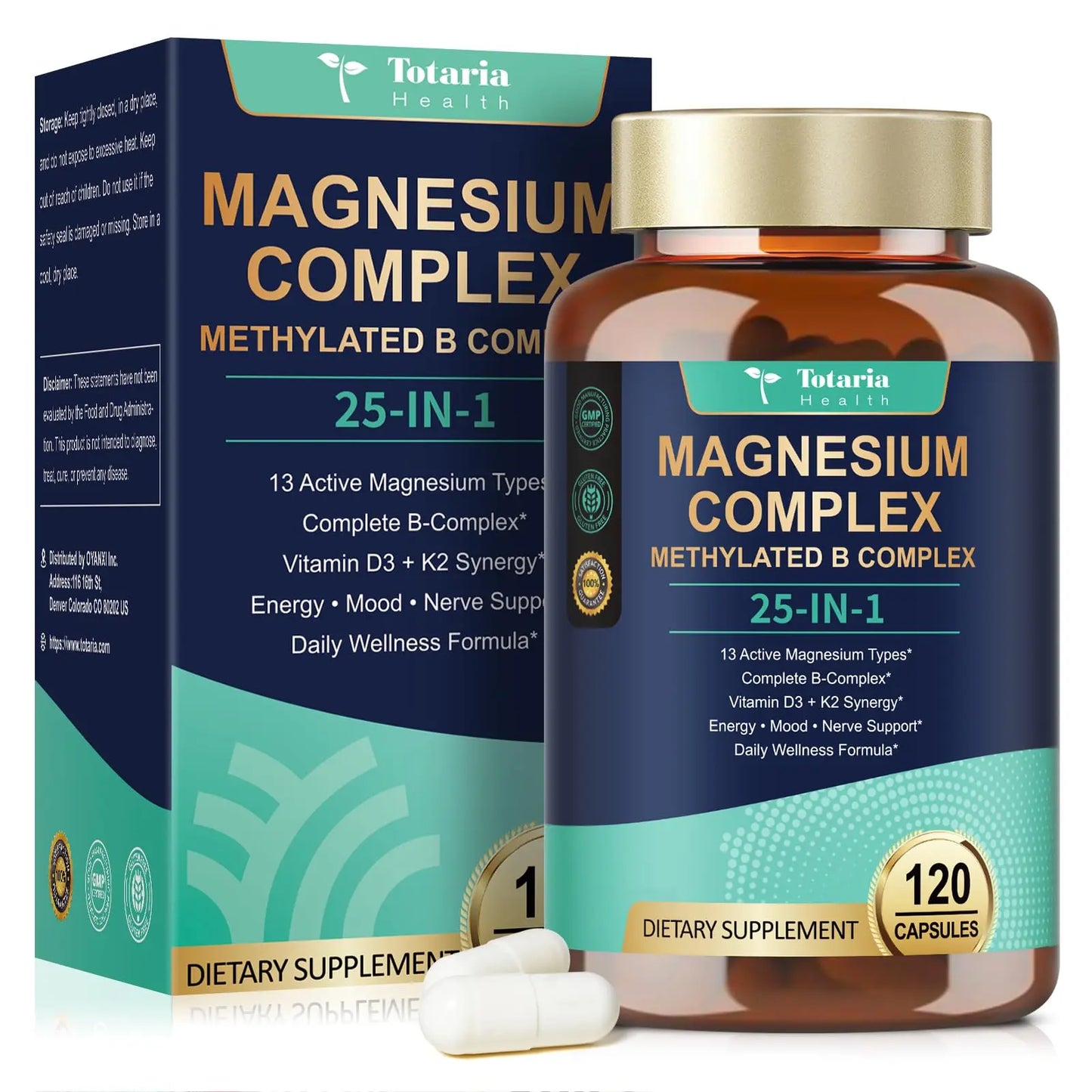 25-in-1 Magnesium Complex with Methylated B Complex Magnesium Glycinate Citrate Malate Taurate Gluconate Aspartate Carbonate D3 K2, Magnesium Supplement Totaria