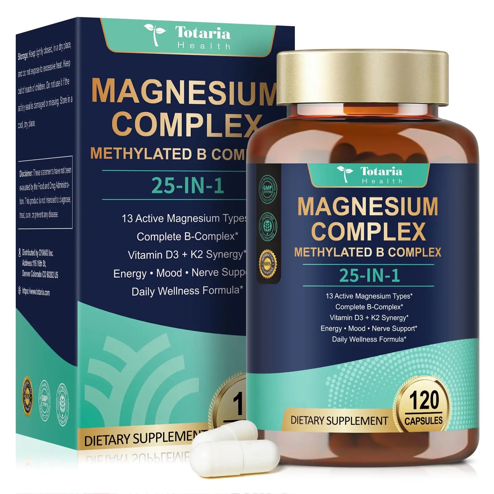 25-in-1 Magnesium Complex with Methylated B Complex Magnesium Glycinate Citrate Malate Taurate Gluconate Aspartate Carbonate D3 K2, Magnesium Supplement Totaria