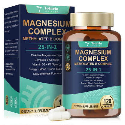 25-in-1 Magnesium Complex with Methylated B Complex Magnesium Glycinate Citrate Malate Taurate Gluconate Aspartate Carbonate D3 K2, Magnesium Supplement Totaria