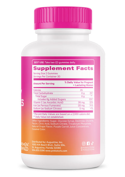 Pink Stork Prenatal Iron Supplement Gummies for Women - 20 mg Iron Gummy with Vitamin C Pink Stork