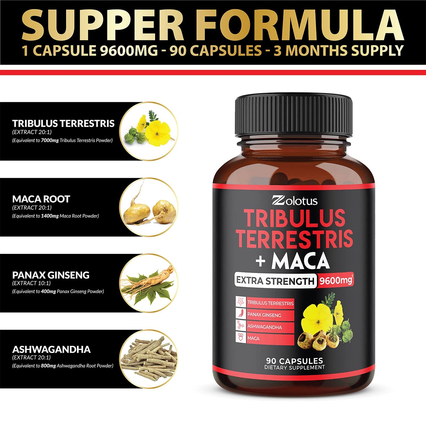 Zolotus Premium Tribulus Terrestris Capsules - 9600mg Per Serving - Combined Zolotus