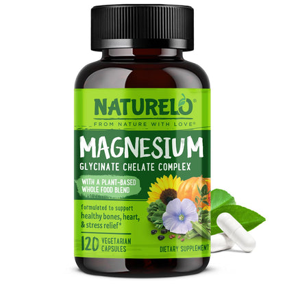 NATURELO Magnesium Glycinate Chelate Complex - 200 mg Magnesium with Organic Vegetables to Support Sleep, Calm, Muscle Cramp & Stress Relief - Gluten Free, Non GMO - 120 Capsules NATURELOBuy Supplements Australia