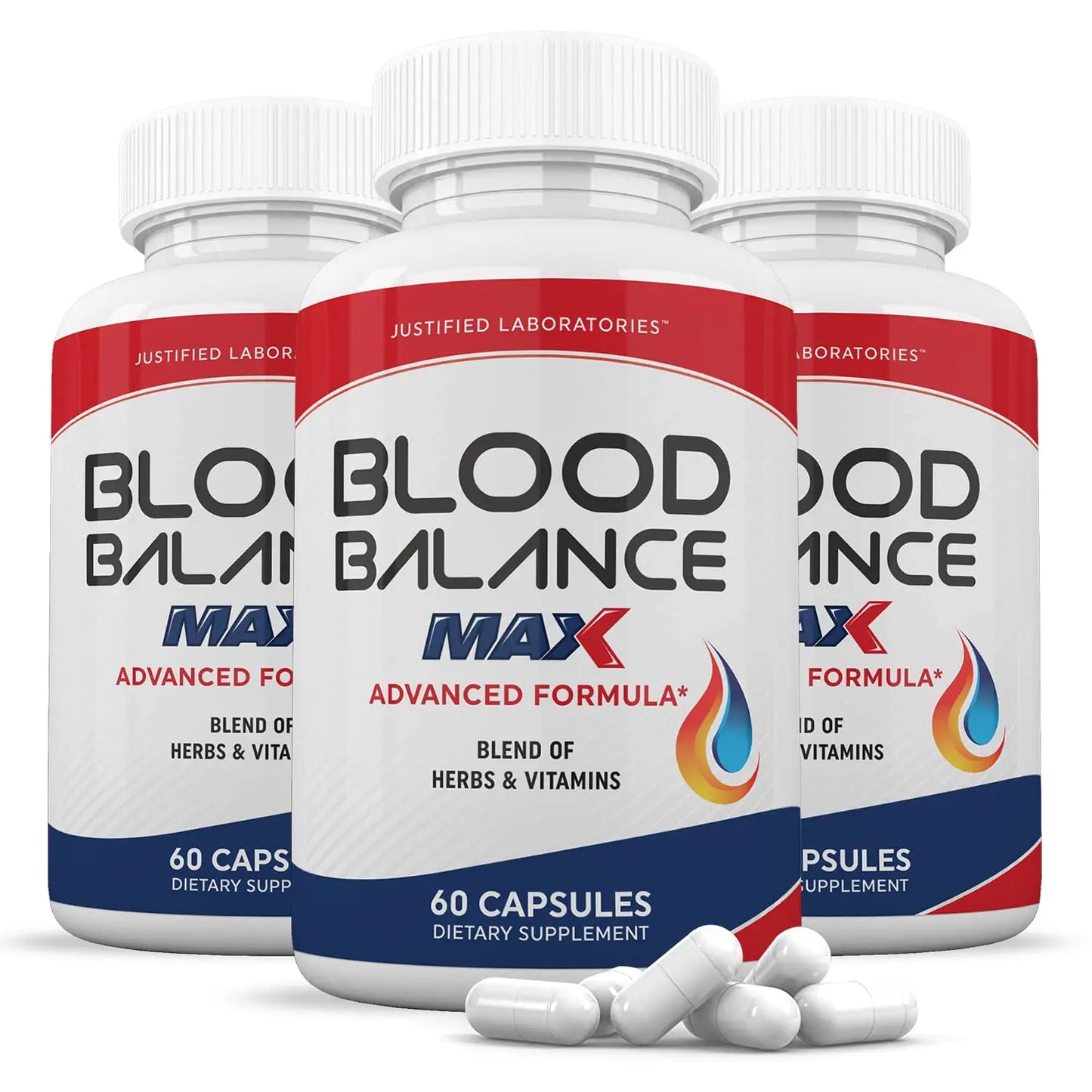 Three bottles of 'Blood Balance Max' dietary supplements with white capsules on a white background.