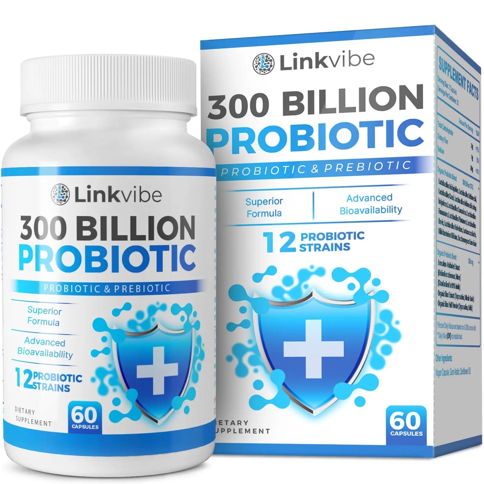 Probiotic 300 Billion CFU - 12 Strains with Organic Prebiotics for Digestive & Gut, Immune, Bloating Health - Probiotics for Women and Men - Daily Dairy Free, Shelf Stable - 60 Counts Linkvibe buy supplements Au