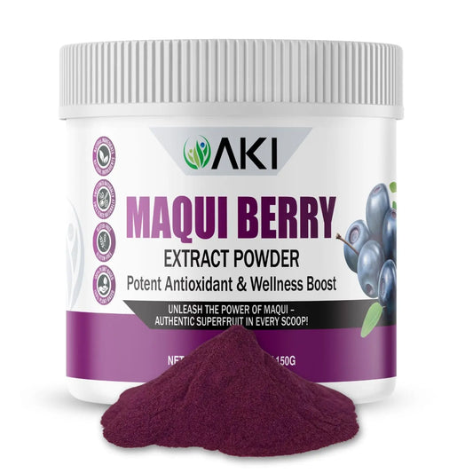 MAKI Maqui Berry Extract Powder container with powder spilling out on a white background