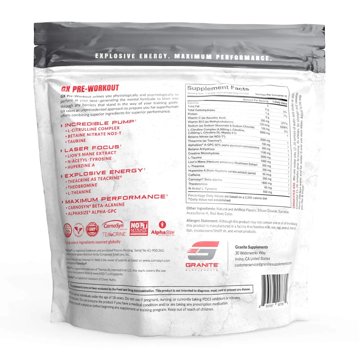 Granite GX Pre-Workout Supplement (Watermelon) Advanced Formula for Pump, Focus Granite Supplements