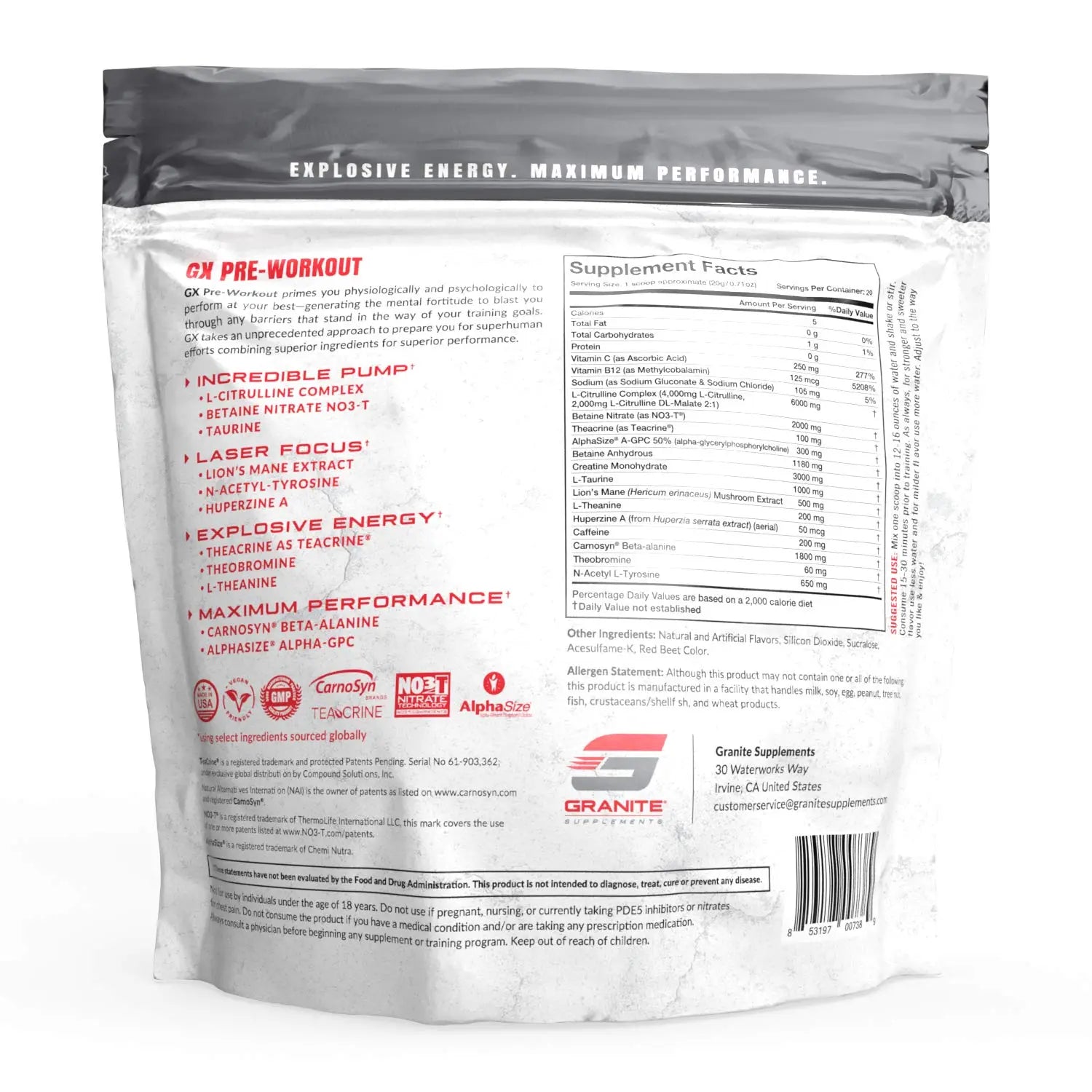 Granite GX Pre-Workout Supplement (Watermelon) Advanced Formula for Pump, Focus Granite Supplements