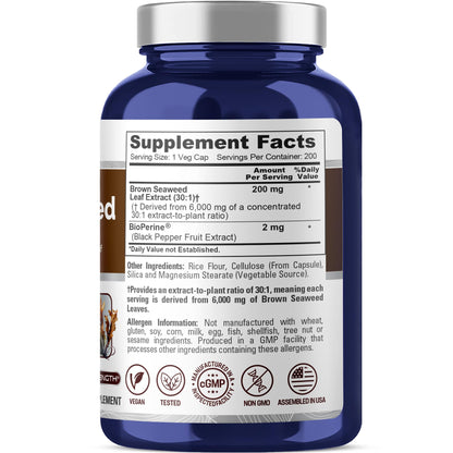 NusaPure Brown Seaweed 30:1 Extract, 200 mg Equivalent to 6,000 mg 200 Veggie Capsules - (Vegan, Non-GMO Bioperine) NusaPureBuy Supplements Australia