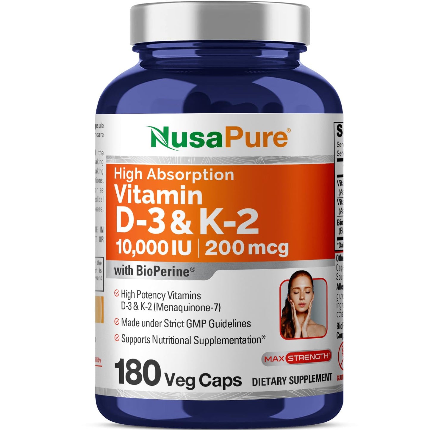 NusaPure Vitamin K2 (MK7) (200mcg) + Vitamin D3 (10000 IU) 180 Veg Caps - Bioperine, Soyfree, Non-GMO NusaPureBuy Supplements Australia
