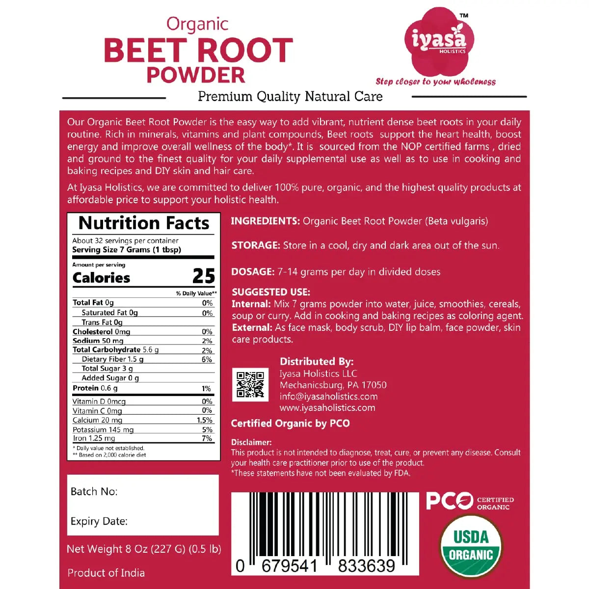 Iyasa Organic Beet Root Powder, Plant Based, Vegan, Gluten-Free, Beetroot Superfood Iyasa Holistics