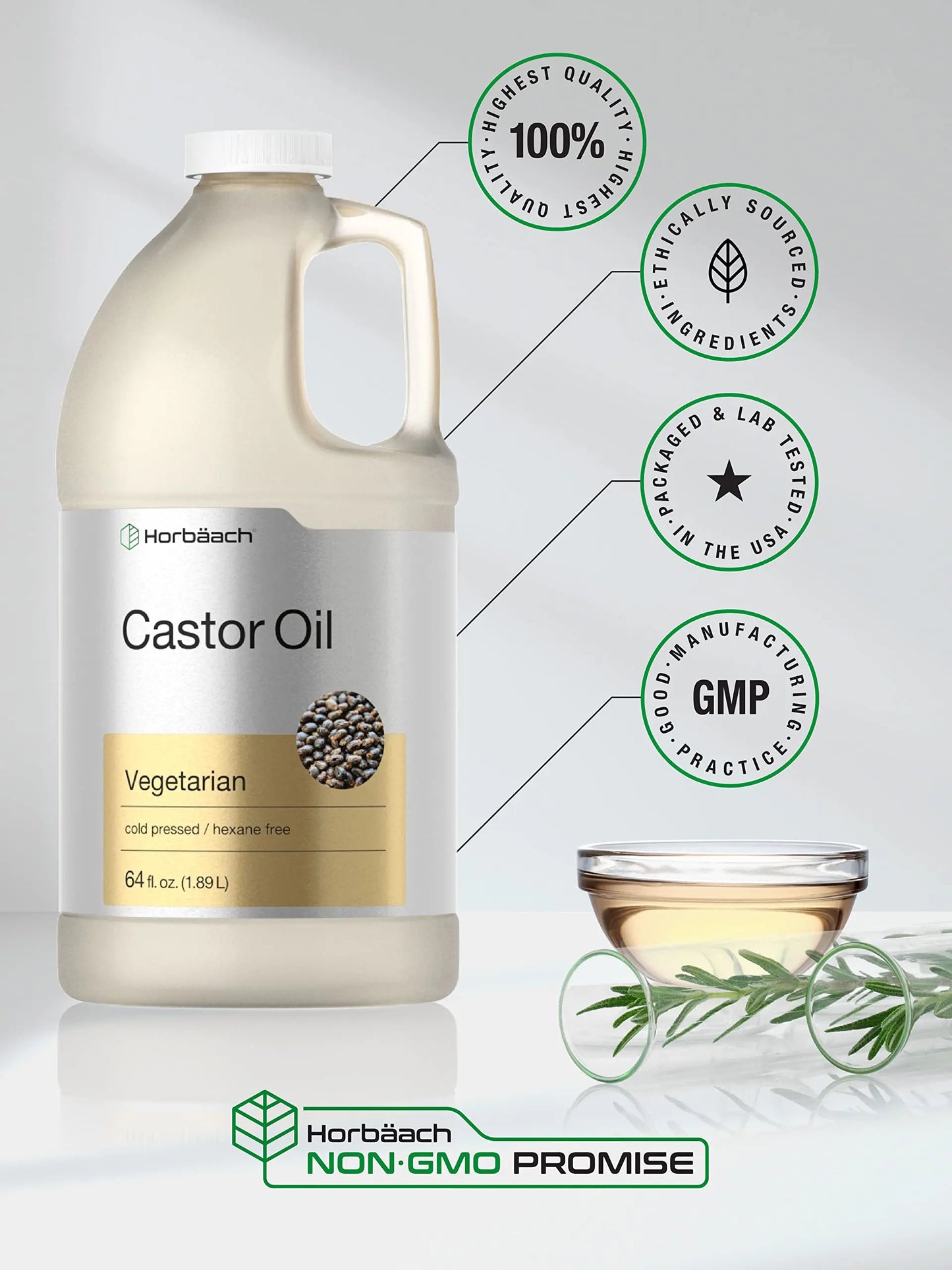 Castor Oil 64oz | for Hair Health, Eyelashes & Eyebrows | Hexane Free & Cold Pressed Horbäach