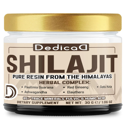Jar of Dedica Shilajit with gold lid on a white background