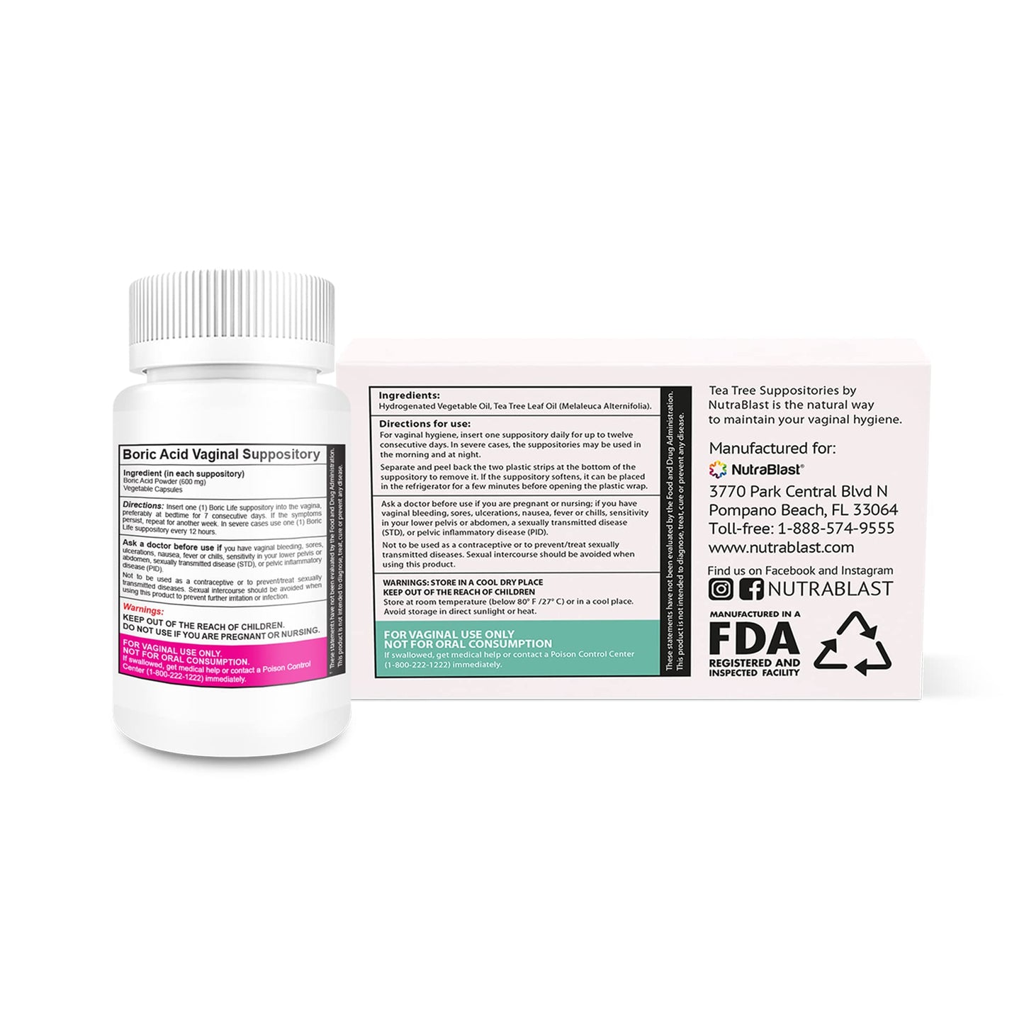 NutraBlast Boric Acid Vaginal Suppositories 600mg (30 Count) w/Tea Tree Oil Suppositories (12 Count) NutraBlastBuy Supplements Australia