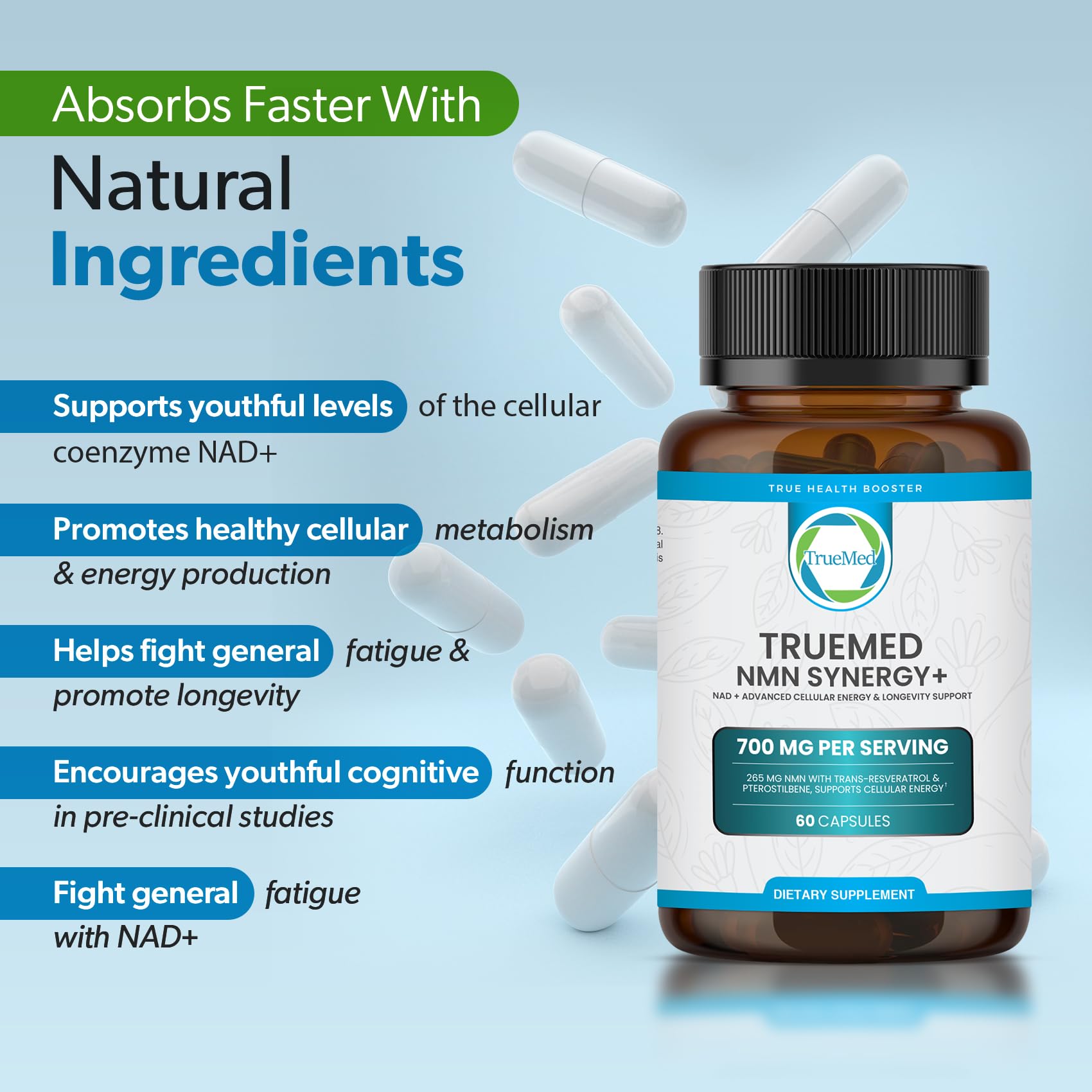 TRUEMED NMN Synergy+ 700mg – Premium NMN Supplement with Resveratrol & Pterostilbene | Advanced NAD+ Supplement for Cellular Energy, & Wellness Support | Non-GMO, Vegan, 60 Capsules TRUEMEDBuy Supplements Australia