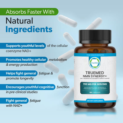 TRUEMED NMN Synergy+ 700mg – Premium NMN Supplement with Resveratrol & Pterostilbene | Advanced NAD+ Supplement for Cellular Energy, & Wellness Support | Non-GMO, Vegan, 60 Capsules TRUEMEDBuy Supplements Australia