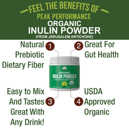 Peak Performance Organic Inulin Powder Natural Prebiotic Fiber for Gut Health. USDA Organic Raw Plant Based Vegan Prebiotics FOS Supplement from Jerusalem Artichoke Peak PerformanceBuy Supplements Australia