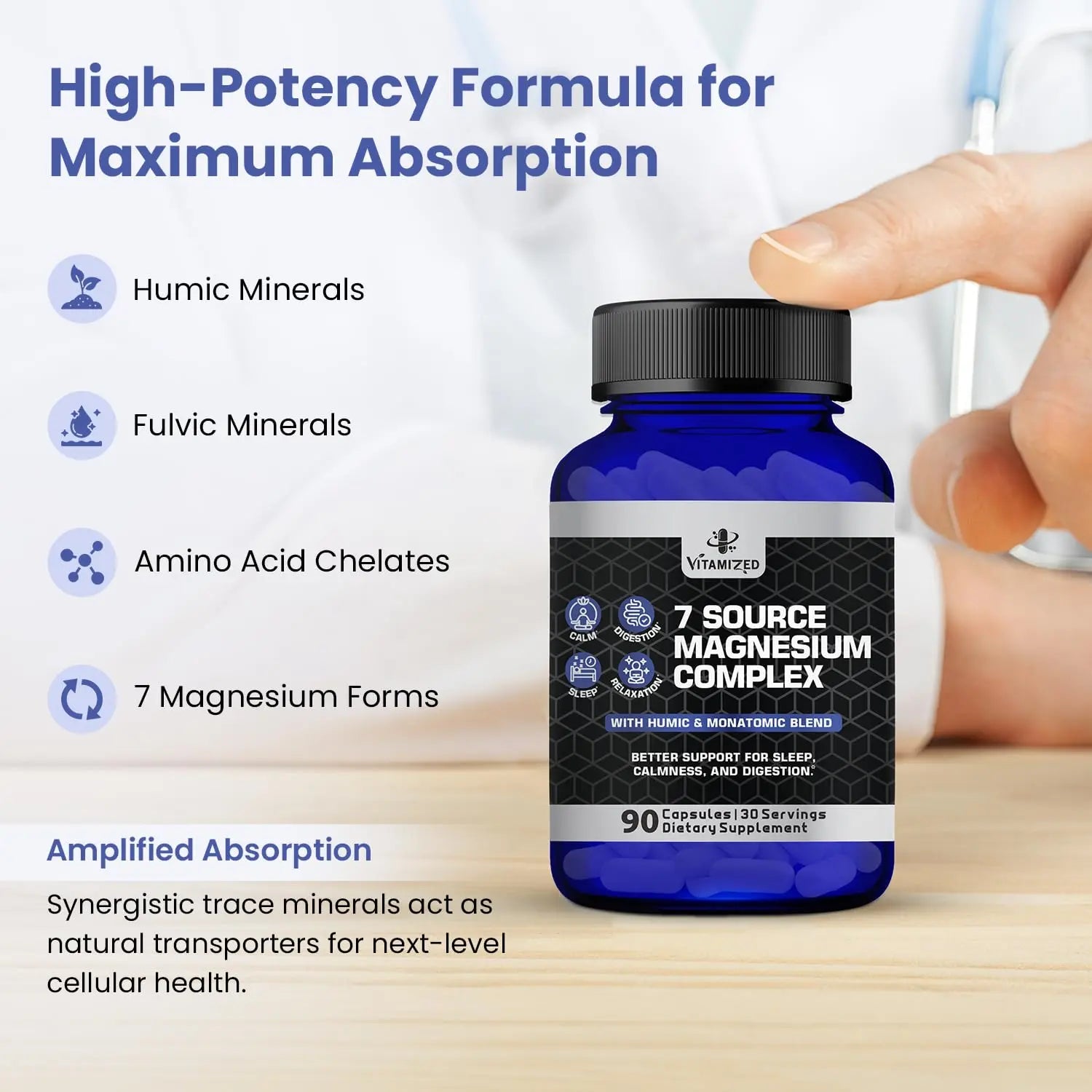 Magnesium Complex for Sleep, Relaxation, Digestion & Calm – Magnesium Glycinate, Citrate, Bisglycinate, Carbonate, Malate, Orotate, Taurate, + Humic/Fulvic for High Absorption - 90 ct. VITAMIZED buy supplements Au