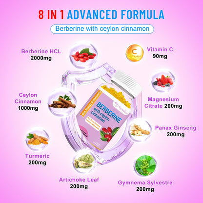 2 Pack Berberine with Ceylon Cinnamon Gummies, 2000mg High Potency Berberine HCI VZOXAINS