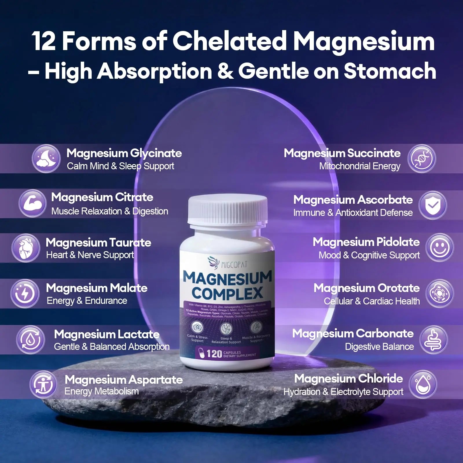 Migcopat Magnesium Complex w/Magnesium Glycinate, Malate, Citrate | 24-in-1 Magnesium Supplement w/Ashwagandha, L-Theanine & NAD+ | Supports Calm, Energy, Muscle & Sleep | Non-GMO, 120 Vegan Caps Migcopat buy supplements Au