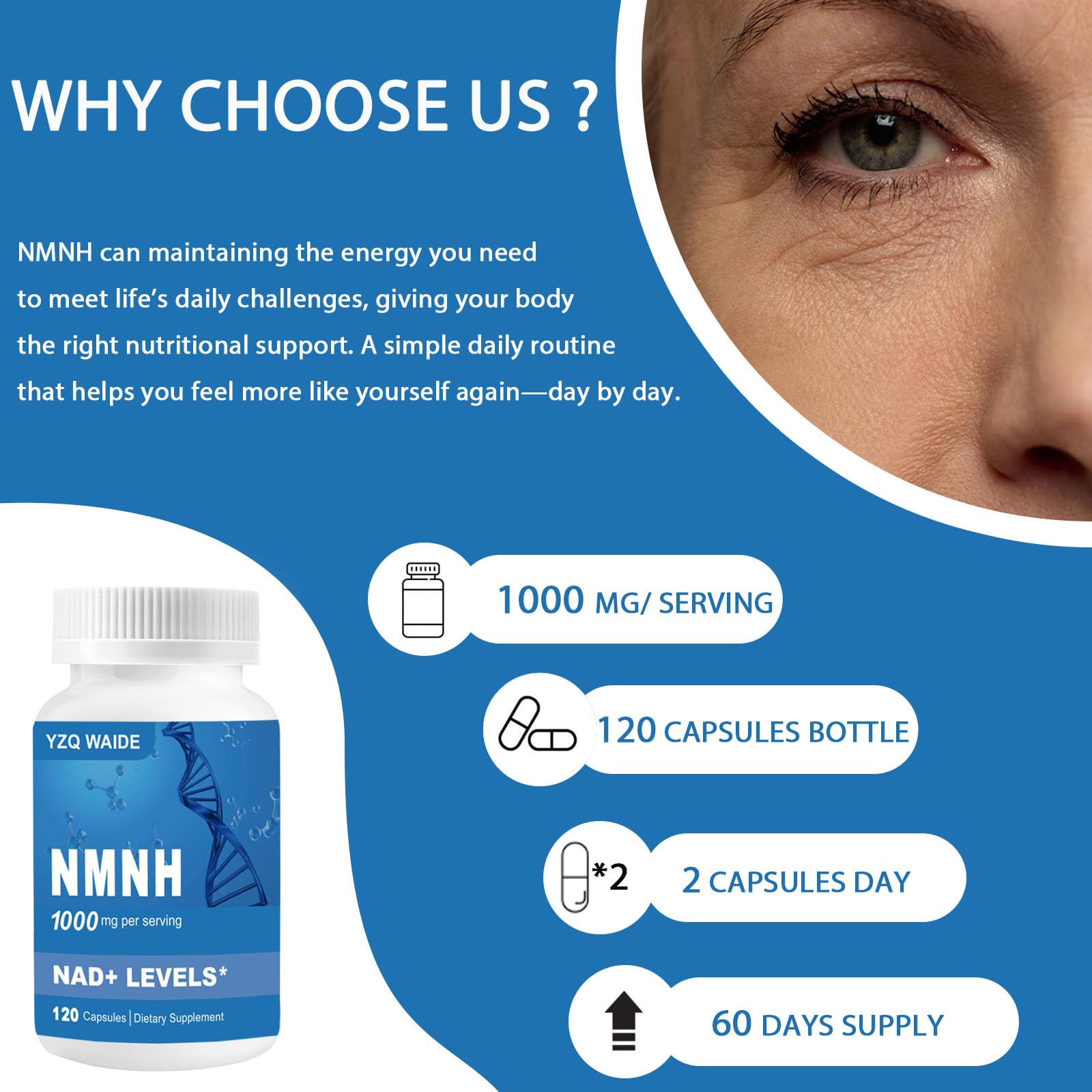 YZQ WAIDE NMNH (Dihydronicotinamide Mononucleotide), 1000mg NMNH Supplement to Boost NAD+ Levels Resveratrol Supplement with Quercetin for Energy, Aging, Non-GMO, Gluten Free, 120 Capsules YZQ WAIDEBuy Supplements Australia