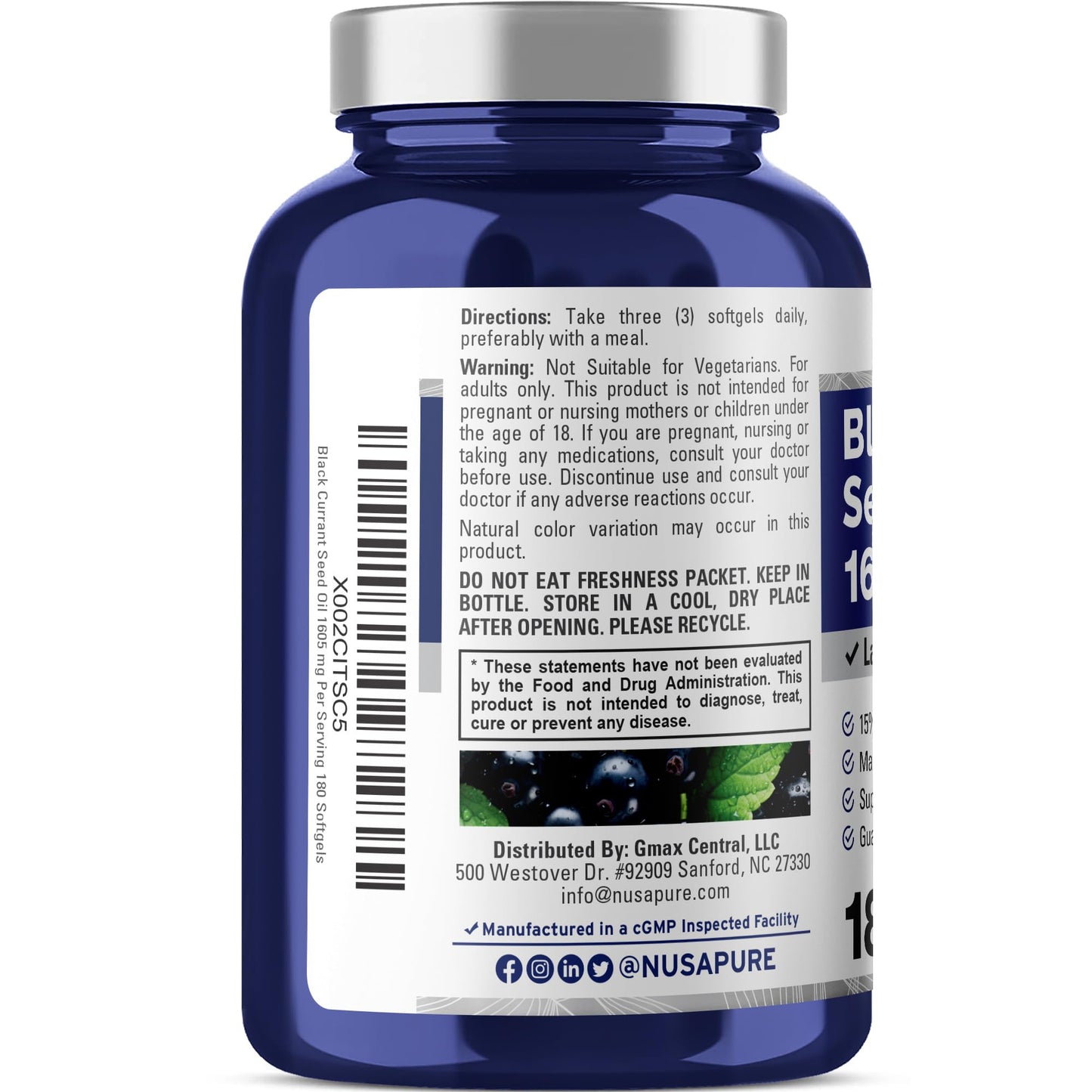 NusaPure Black Currant Seed Oil 1605 mg Gamma Linoleic Acid (GLA) 15% 180 Softgels (Non-GMO, Soyfree) NusaPureBuy Supplements Australia