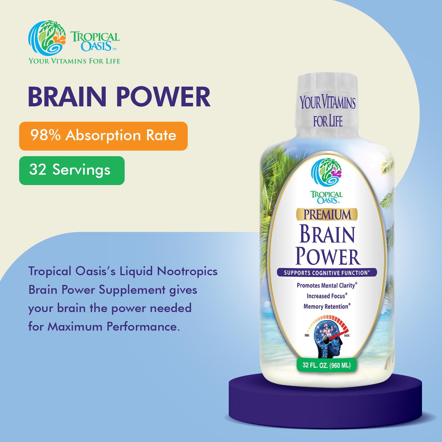 Tropical Oasis - Brain Power | Liquid Nootropic Supplement - Promotes Mental Clarity, Focus, and Memory Retention (Unflavored, 32 Servings) Tropical OasisBuy Supplements Australia