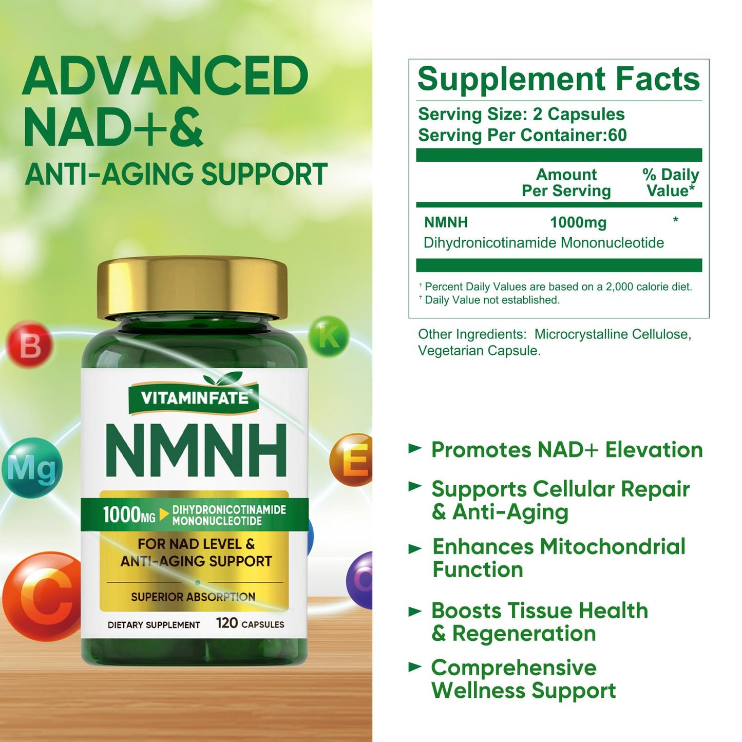 VITAMINFATE NMNH Supplement 1000 mg - 120 Capsules | NMN Alternative | Supports Anti-Aging, Cellular Energy and Repair, Metabolism & Brain Boost VITAMINFATEBuy Supplements Australia