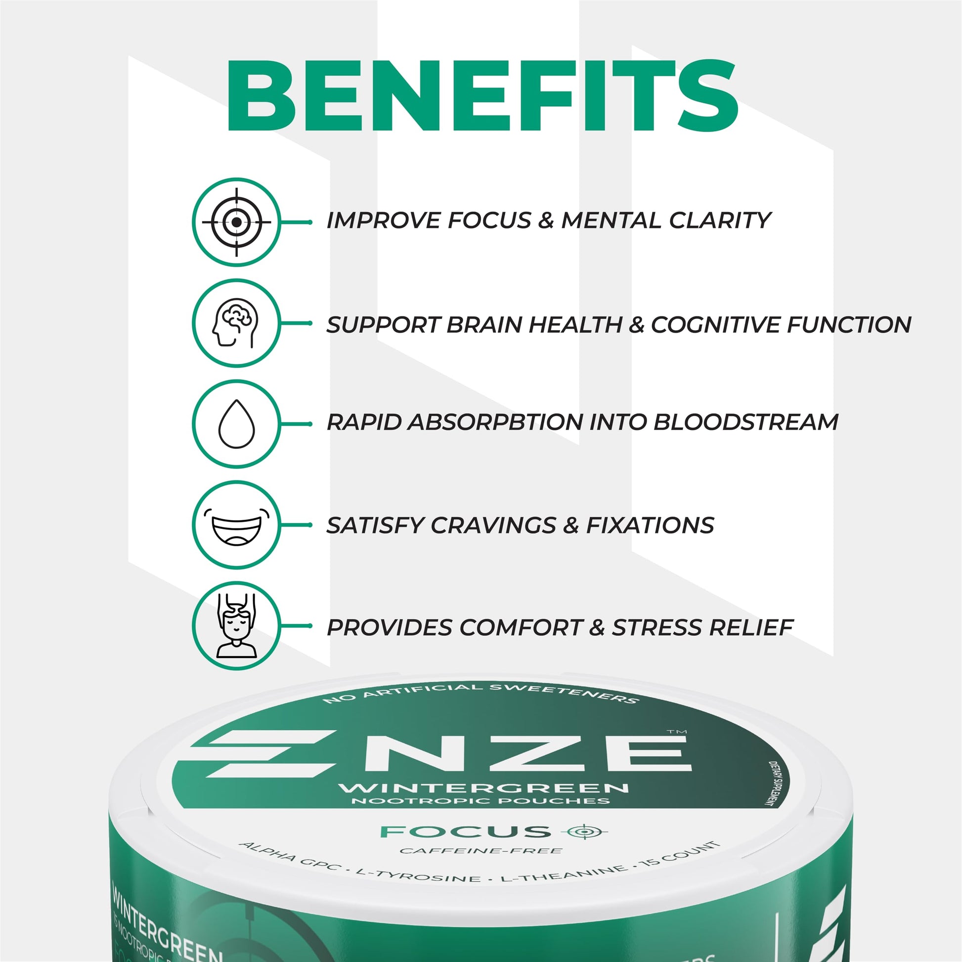 NZE Caffeine Free Nootropic Pouches (Wintergreen) - Nootropic Pouches with Alpha GPC, L-Tyrosine & L-Theanine - No Sugar or Artificial Sweeteners - 15 Pouches Per Can - 5 Pack NZEBuy Supplements Australia