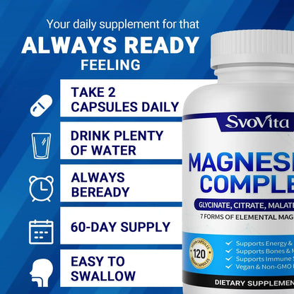 Magnesium Complex Supplement with 7 Forms of Magnesium Glycinate, Malate, Citrate & More, High Absorption for Bones, Muscle, Recovery, Energy, Vegan Non-GMO 120 Capsules Svovita buy supplements Au