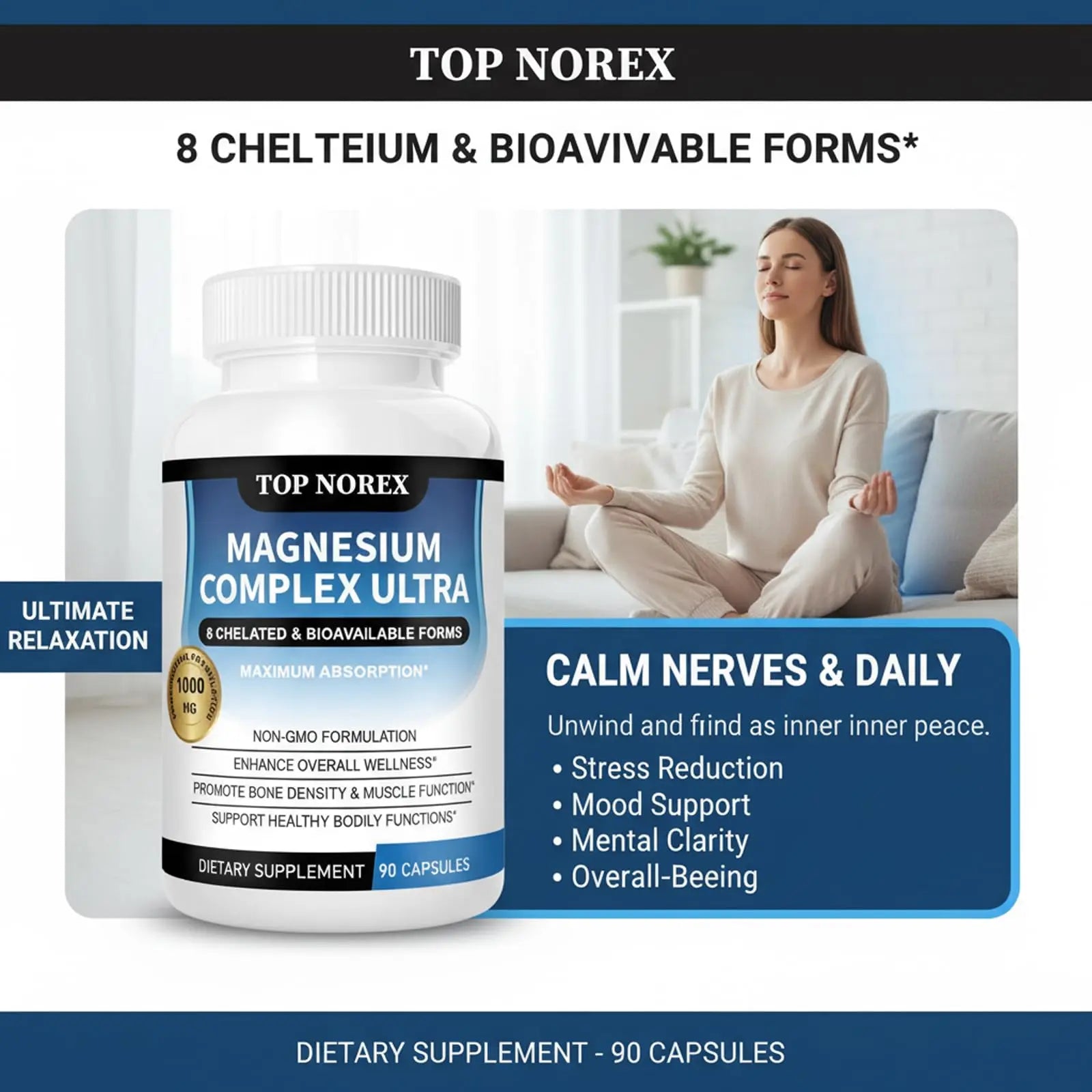 Top Norex Magnesium Complex Ultra - 8 Elemental 1000mg Magnesium Blend, Easy Absorption, 90 Capsules (1) Top Norex buy supplements Au
