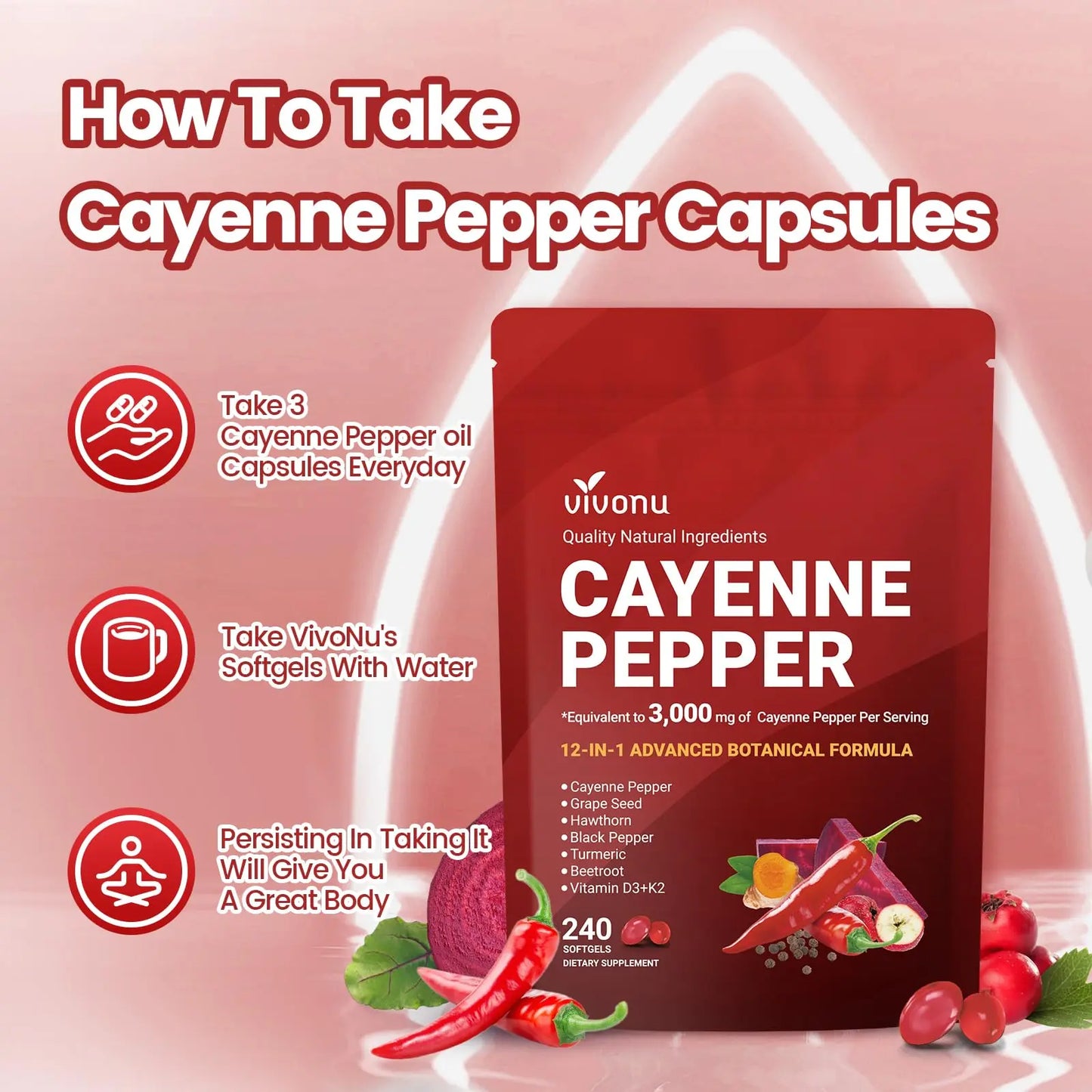 VivoNu Cayenne Pepper Softgels Supplement, Supports Leg Vein, Heart and Blood Vessel Health, with Vitamin E D3+K2 and Extracts of Grape Seed, Hawthorn VivoNu