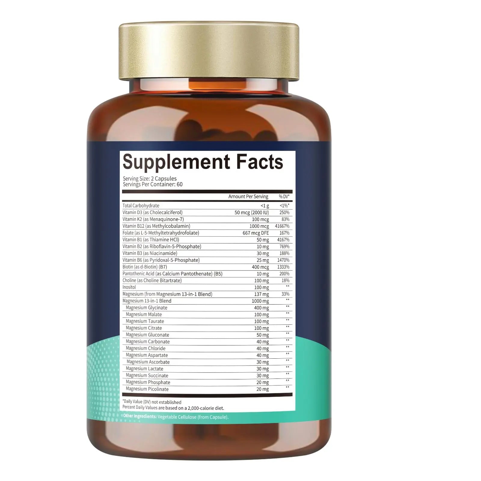 25-in-1 Magnesium Complex with Methylated B Complex Magnesium Glycinate Citrate Malate Taurate Gluconate Aspartate Carbonate D3 K2, Magnesium Supplement Totaria