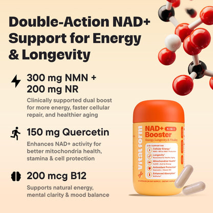 VitalForm NAD+ Supplement with NMN & Nicotinamide Riboside (NR) – Advanced Cellular Energy & Healthy Aging Complex – with Resveratrol, CoQ10, Quercetin & BioPerine – 60 Vegan Capsules VitalFormBuy Supplements Australia
