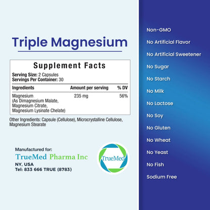 Truemed Triple Magnesium Complex Supplement 235mg with Magnesium Citrate, Malate & Lysinate Chelate | Magnesium Supplement for Sleep, Muscle Relaxation, Energy & Nerve Support | 60 Capsules, USA Made TRUEMED buy supplements Au