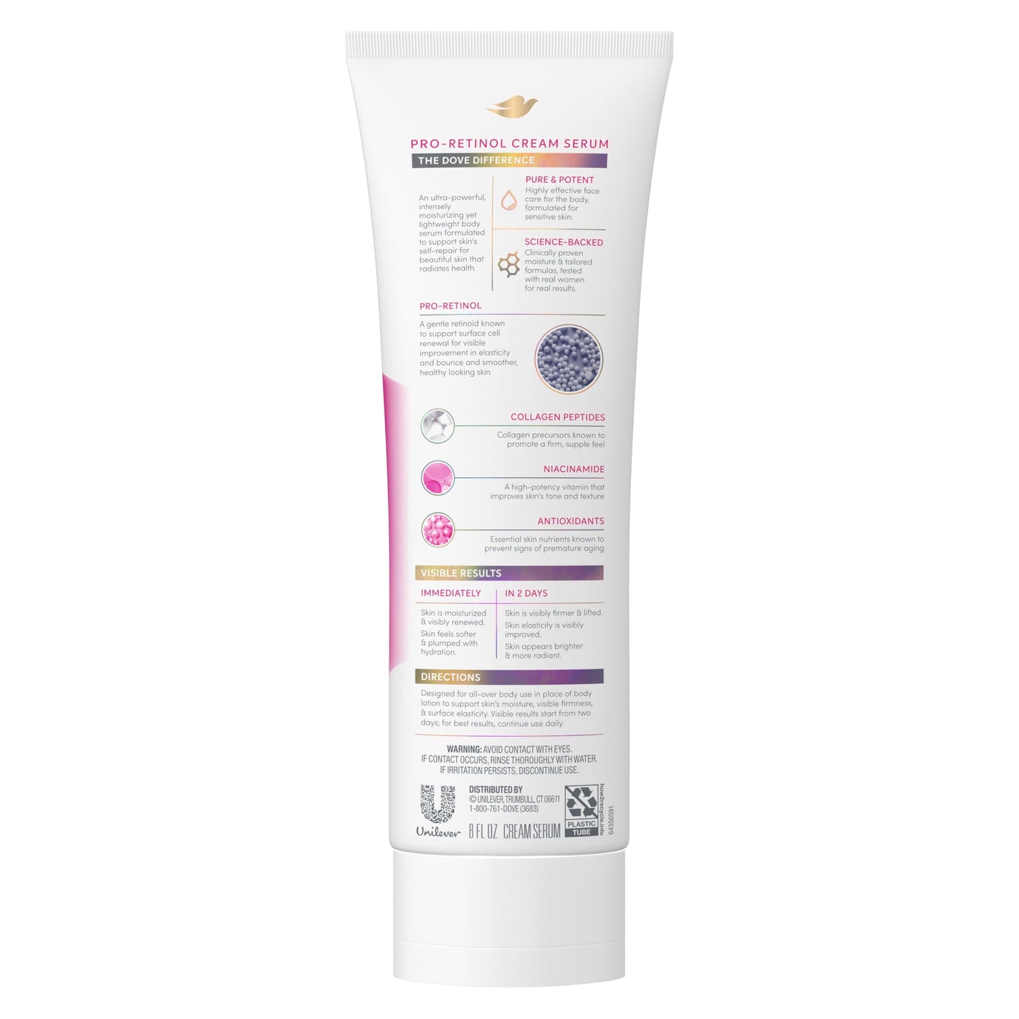 Dove Cream Serum Pro-Retinol + Firming for Elasticity and Firmness, with Collagen Peptides, Niacinamide and Antioxidants Lotion, 8 oz