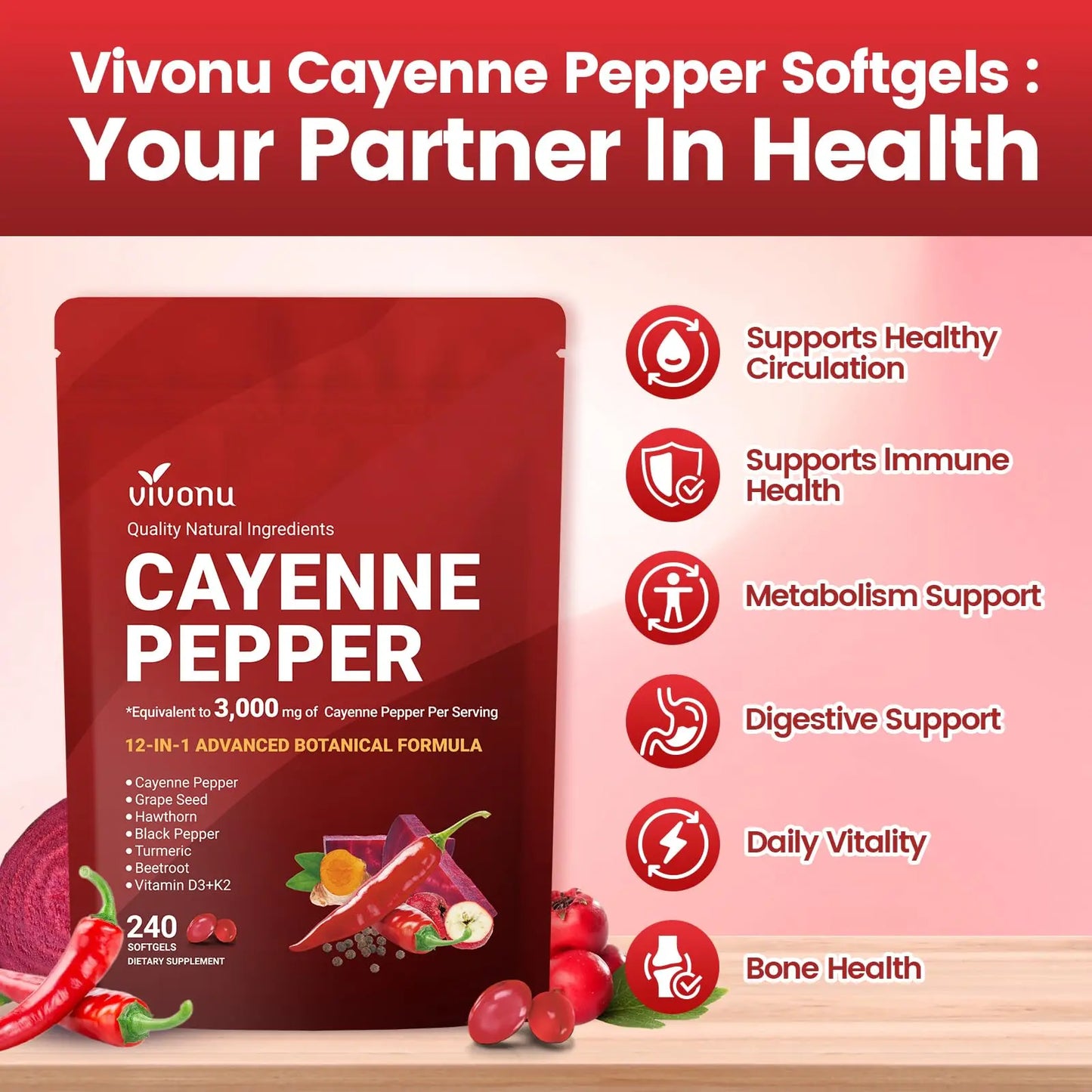 VivoNu Cayenne Pepper Softgels Supplement, Supports Leg Vein, Heart and Blood Vessel Health, with Vitamin E D3+K2 and Extracts of Grape Seed, Hawthorn VivoNu